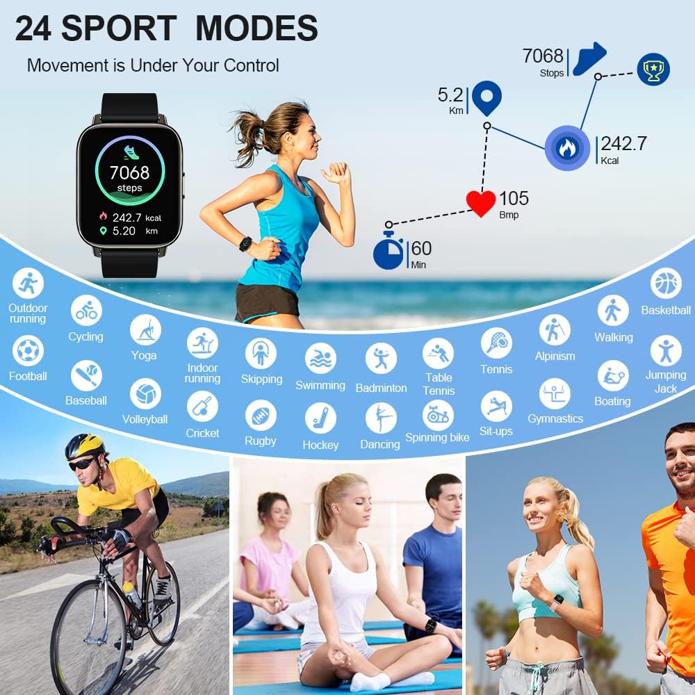 Smart Watch, 1.69 Touch Fitness Watch for Women Men, Fitness Tracker Smartwatch with Heart Rate Sleep Monitor Step Counter, 24 Sports Modes IP68 Waterproof Activity Trackers for Android iOS - Upgrade