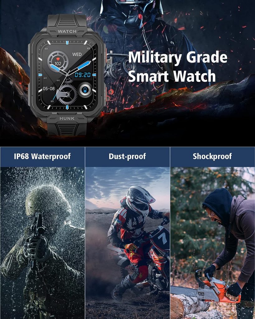 Smart Watch for Men Answer/Make Calls,1.96 Large Screen Military Smart Watch,100 Sport Modes Fitness Watch Tracker with SOP2/Heart Rate/Sleep Monitor,IP68 5ATM Waterproof Outdoor Sports Smartwatch