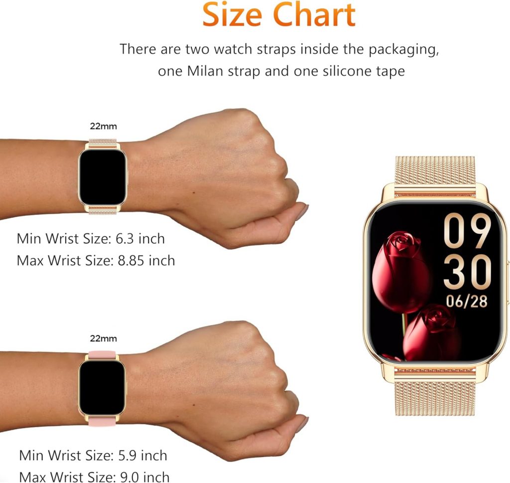 Popglory Smart Watch Women Men Answer/Make Calls, 1.85 Smartwatch 2 Straps and Voice Assistant  Notification, Fitness Watch with Blood Pressure/Oxygen/Heart Rate Monitor for iOS and Android